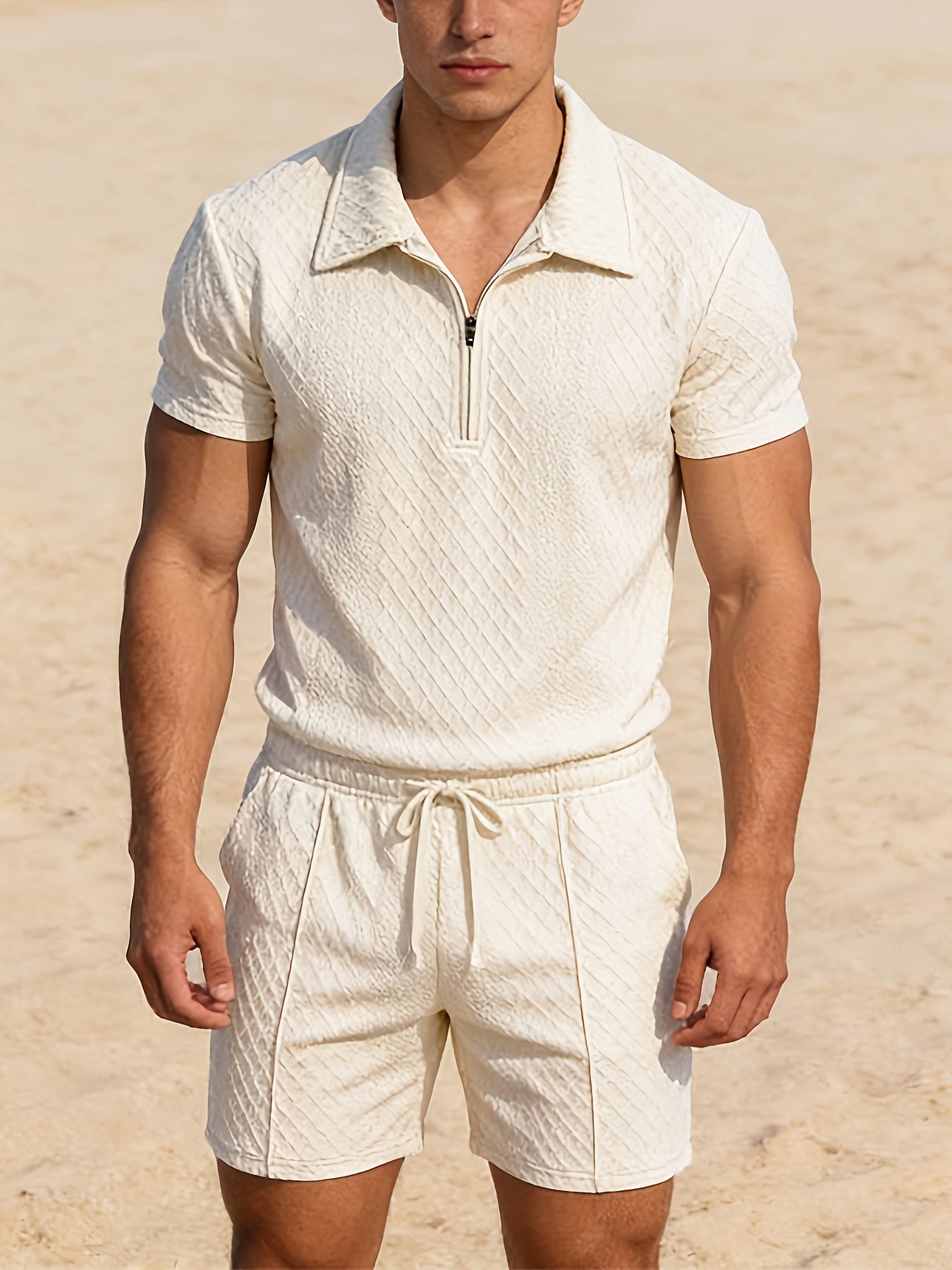 Men's Summer Short Sleeve 2pcs Set with Lapel Zipper Collar and Casual Shorts with Elastic Drawstring Mid-Waist Pants