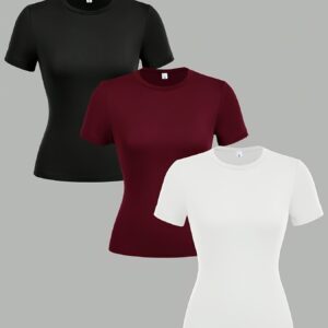 A New Set of Three Stylish Short-Sleeve Fitted Tops in Various Colors, Perfect for Wearing in Spring, Summer, And Autumn