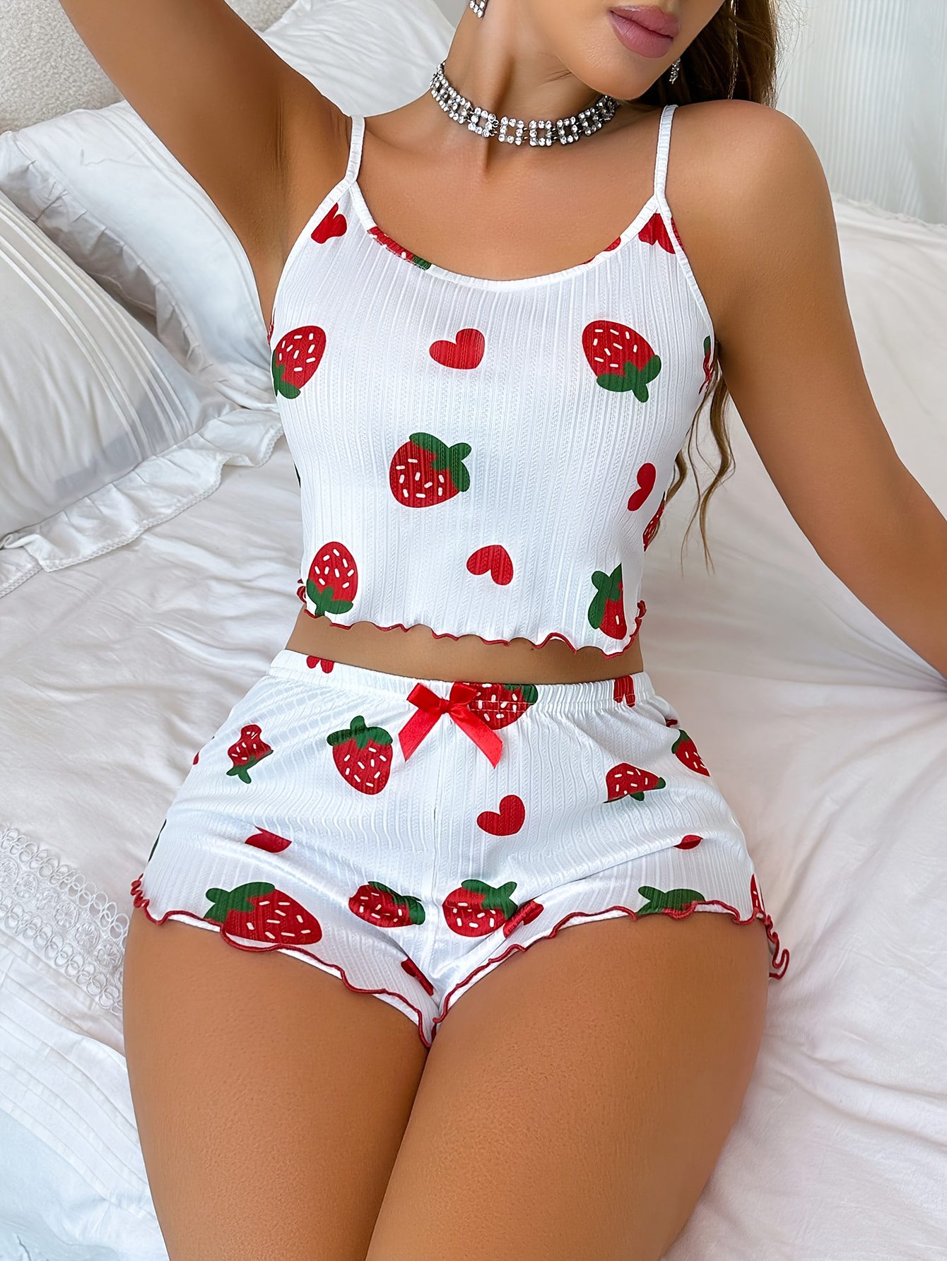 Women'S Strawberry Print Cami Top & Shorts Pajama Set - Cute Summer Sleepwear with Bow Detail, White with Red & Green Strawberries, Sleeveless Spaghetti Strap Design, Perfect for Casual Lounging, Lounging Outfit|Playful Print Top|Playful Print Bottom, Loungewear