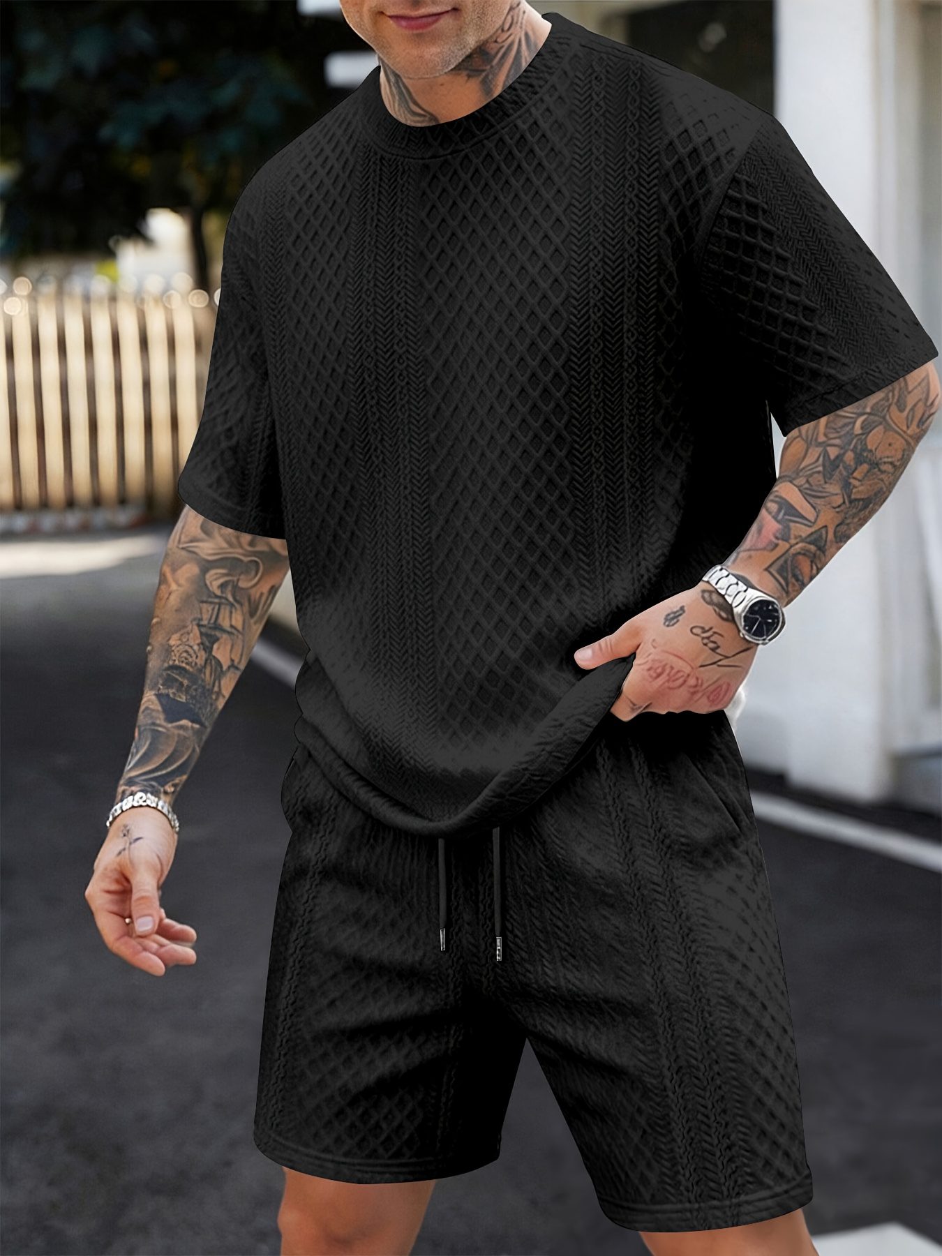 Men's New Textured Fabric Crew Neck T-Shirt + Drawstring Shorts Set - Image 4