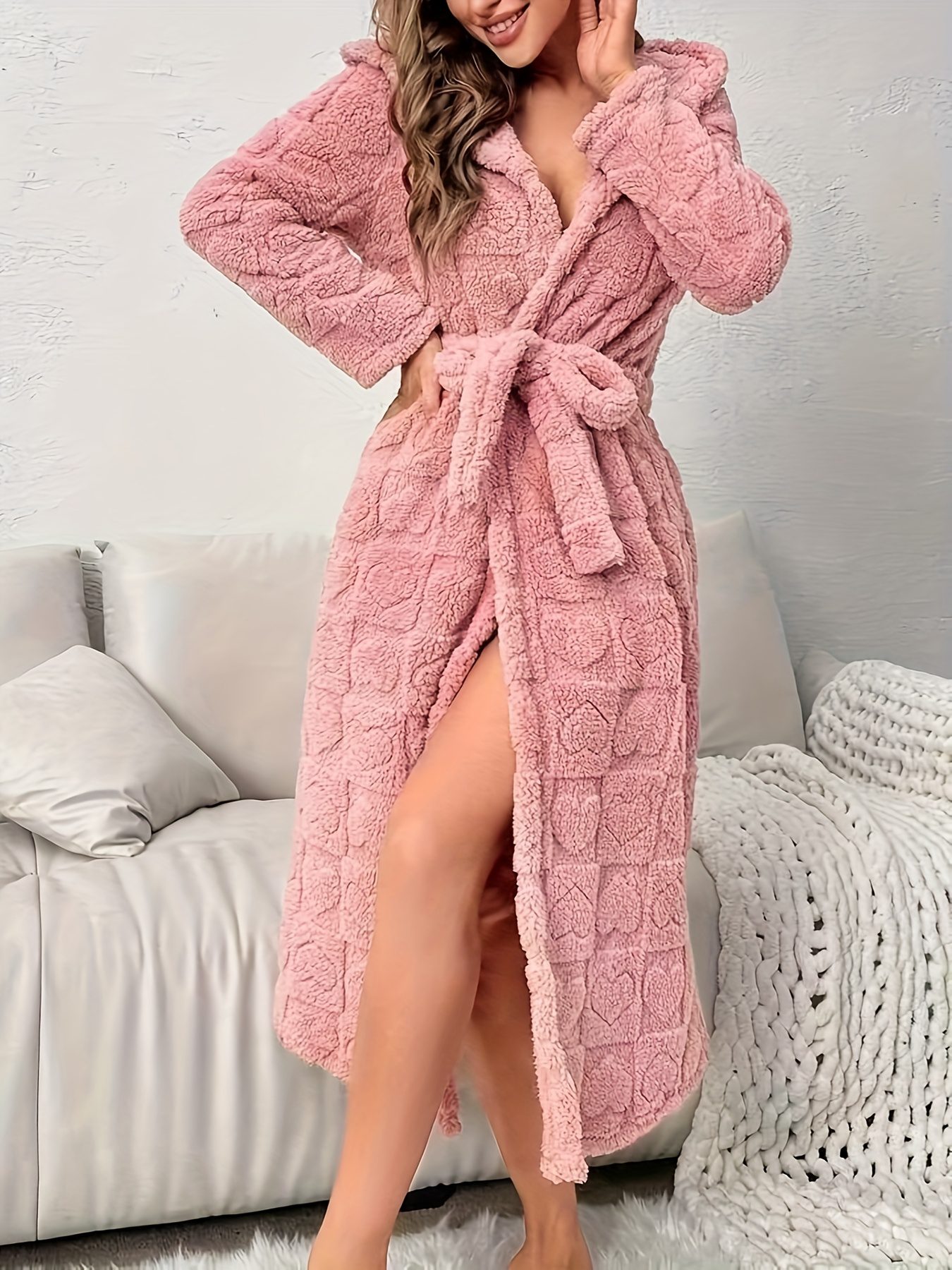 Women's Heart-Patterned Autumn/Winter Long-Sleeve Long Fuzzy Robe - Image 4