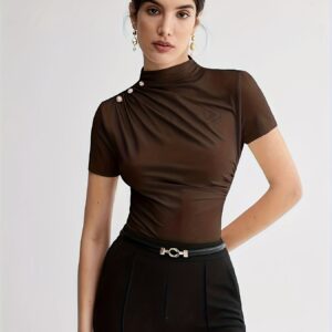 Summer New Arrival Design Sense Versatile Solid Color T-Shirt Short Sleeve Top with Shoulder Button Decor