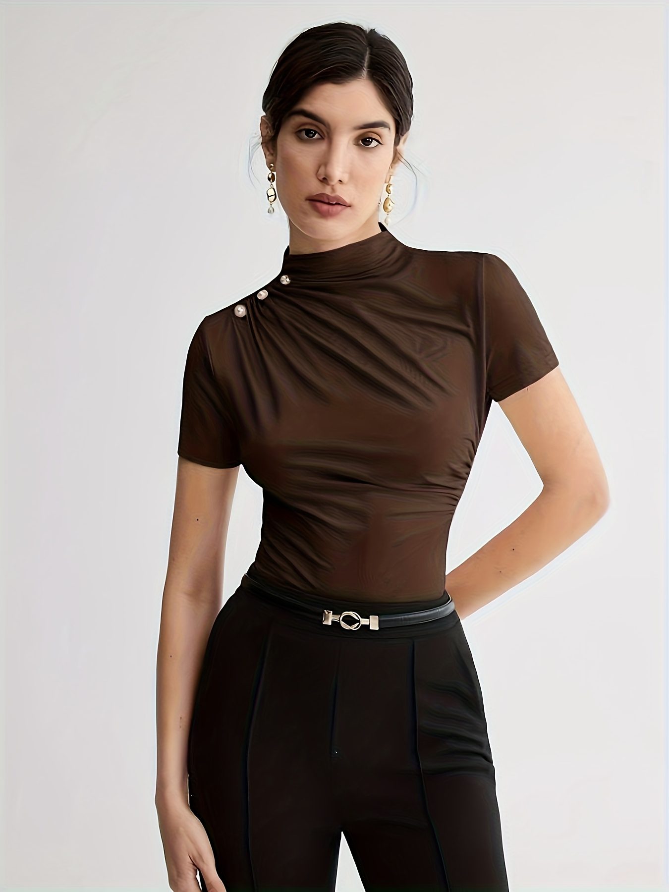 Summer New Arrival Design Sense Versatile Solid Color T-Shirt Short Sleeve Top with Shoulder Button Decor