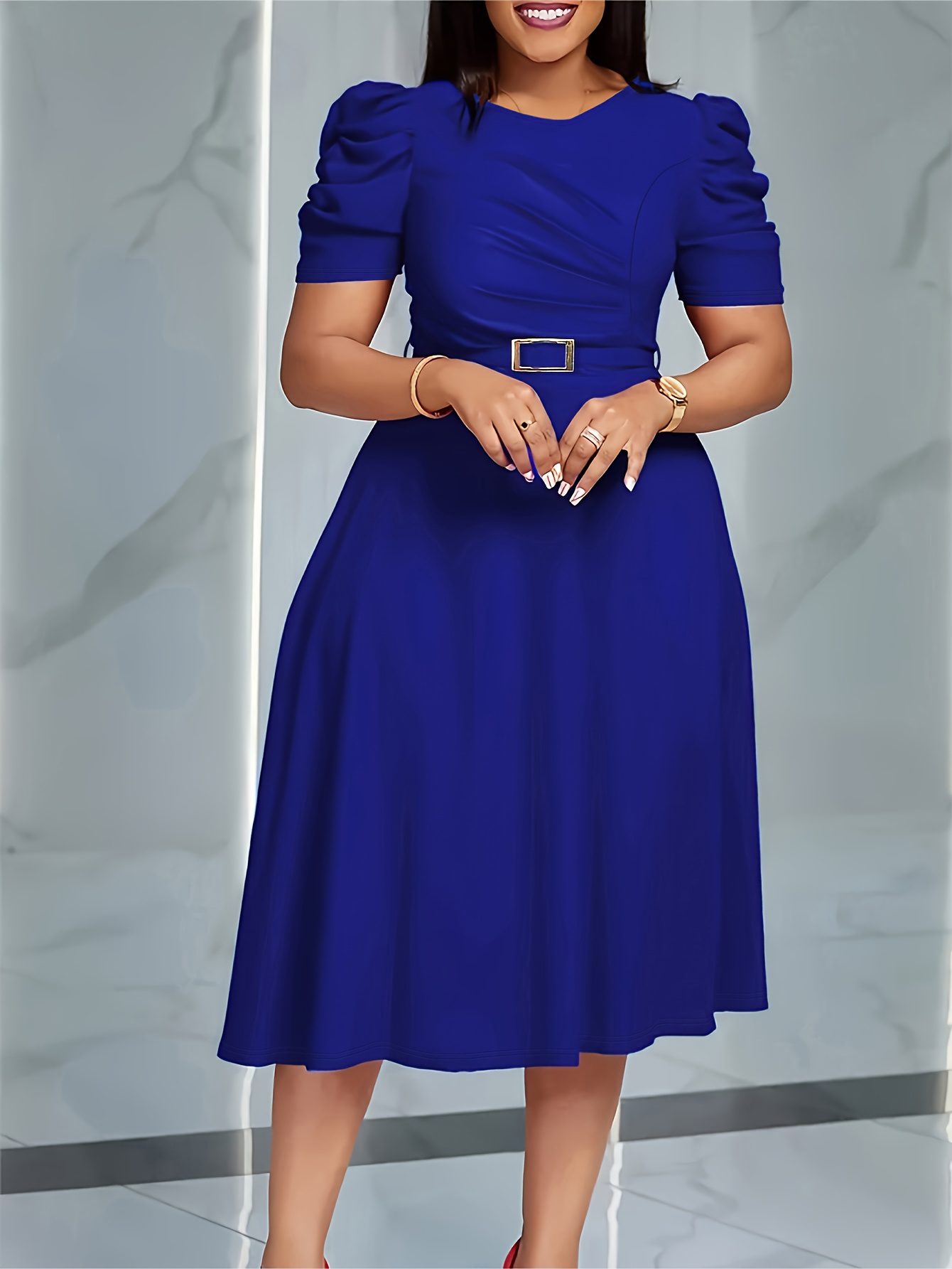 Elegant V-Neck Midi Dress with Ruffle Details | Solid Color Short Sleeve, Waist Belt, Flowing Skirt for Spring/Summer, Comfortable And Stylish Fit And Flare Silhouette - Image 6