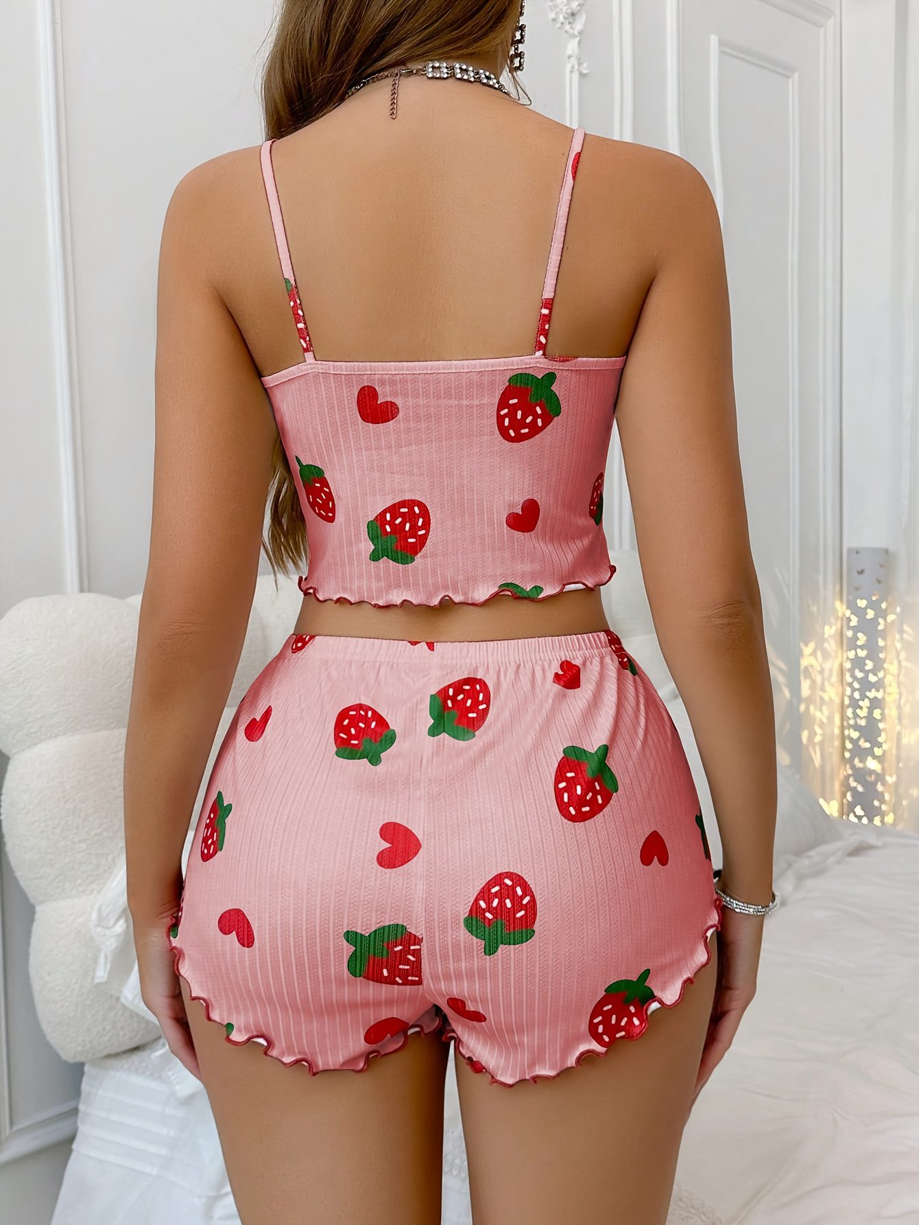 Women'S Strawberry Print Cami Top & Shorts Pajama Set - Cute Summer Sleepwear with Bow Detail, White with Red & Green Strawberries, Sleeveless Spaghetti Strap Design, Perfect for Casual Lounging, Lounging Outfit|Playful Print Top|Playful Print Bottom, Loungewear - Image 4