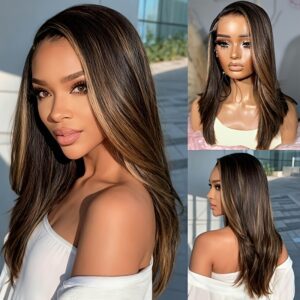 Vilmooe 40.64 cm 4X4 Lace Closure Wigs Ash Blonde Highlights Layered Cut Straight Bob Transparent Lace Wigs Virgin Human Hair Wig Darkbrown Rooted Lace Front Wig for Women Daily Use
