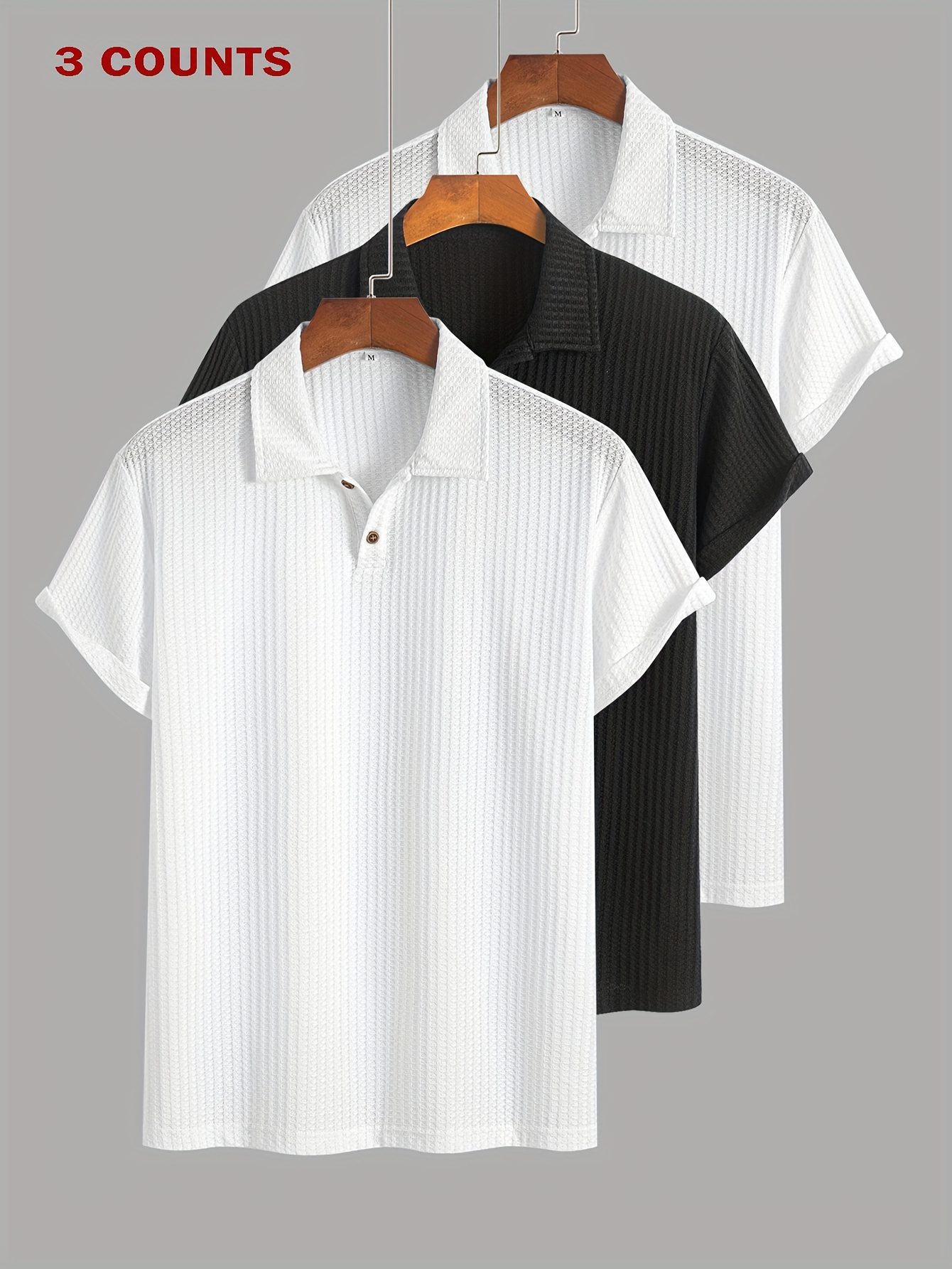 3pcs Set of Summer Casual Sporty Jacquard Knit Short-Sleeve Shirts, 3pcs Jacquard Texture Short-Sleeve Tops - Image 7