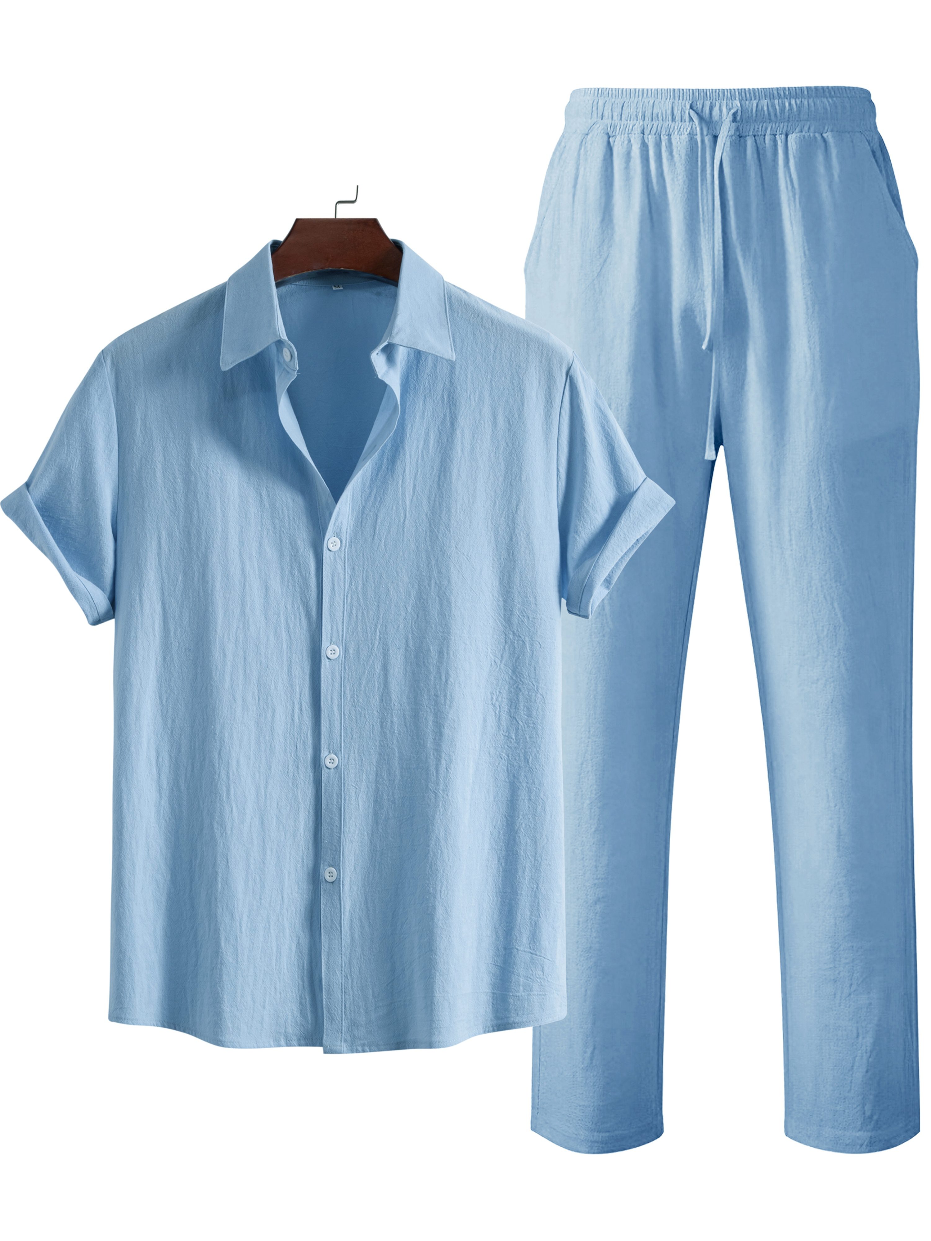 Men's Fashionable Solid Color Cotton- Shirt and Trousers Set, Casual Breathable 2pcs Outfit for Men - Image 10