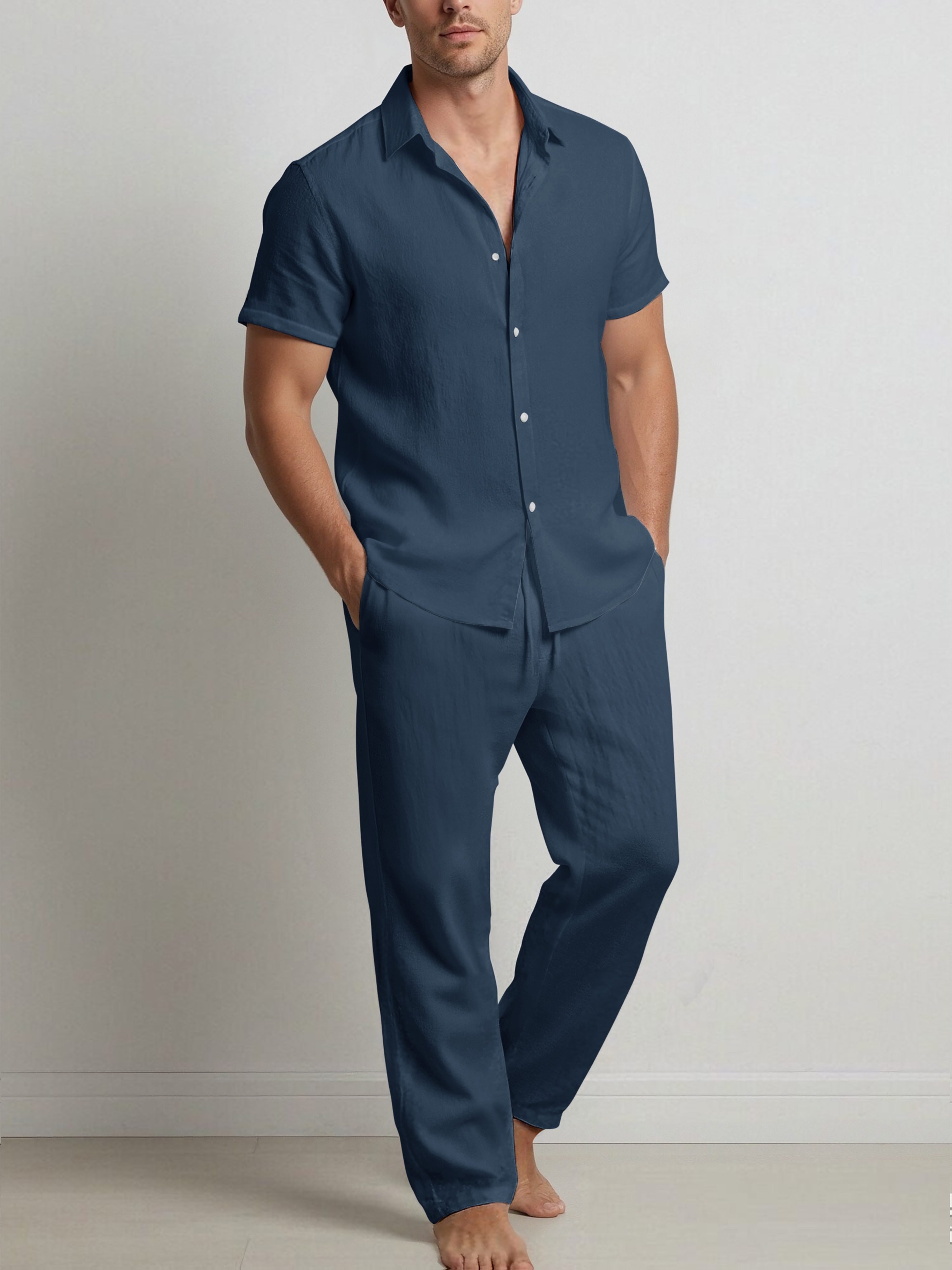Men's Fashionable Solid Color Cotton- Shirt and Trousers Set, Casual Breathable 2pcs Outfit for Men - Image 4