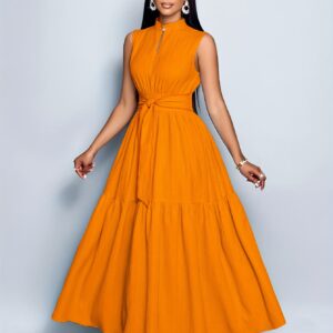 Women'S Elegant Solid Color Textured Long Dress with Front Buttons, Waist Tie, Small Stand Collar, And a Large Skirt