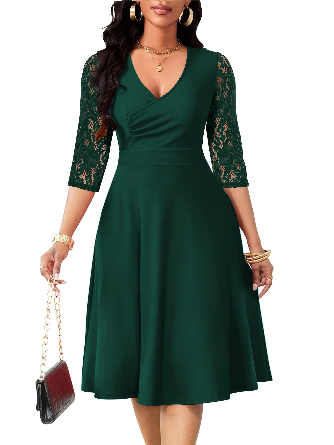 A-Line Dress with V Neck And Lace Sleeves for Women, Perfect for Weddings And Cocktail Parties - Image 4