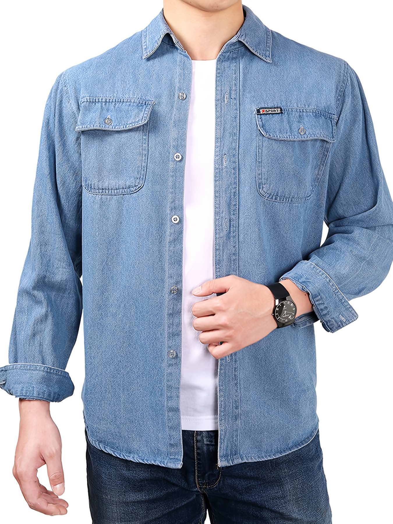Men's Spring/Autumn Denim Shirt Long Sleeve Fashion Loose Casual Pure Summer Lightweight Workwear Labor Protection Jacket