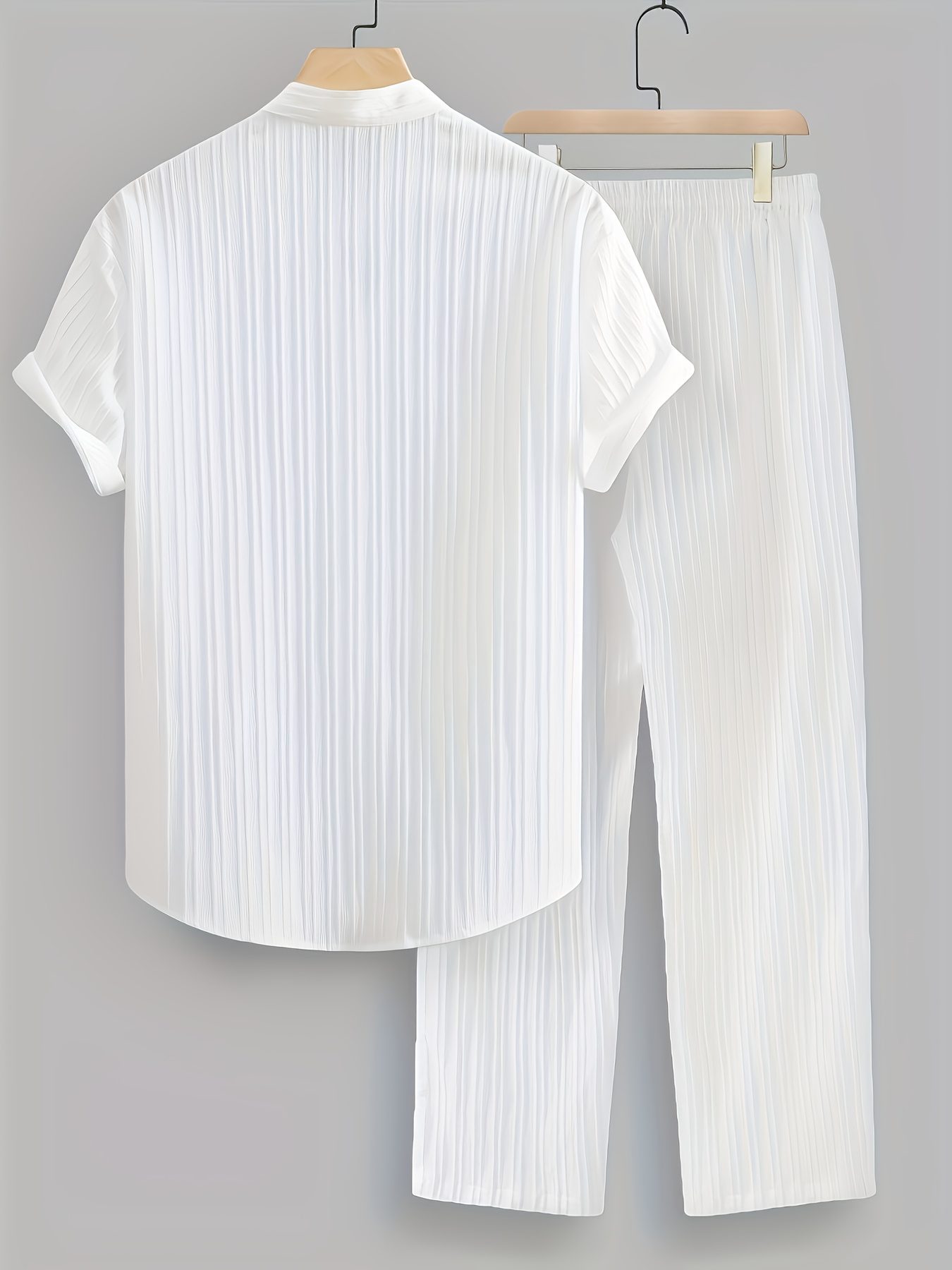 2pcs Men'S Summer Casual Striped Fiber Set, Short Sleeve Stand-Up Collar Shirt And Drawstring Pants, Non-Stretch Woven Fabric, Regular Fit for Daily Wear And Beach Vacation, Solid Color, Beach Vacation - Image 8