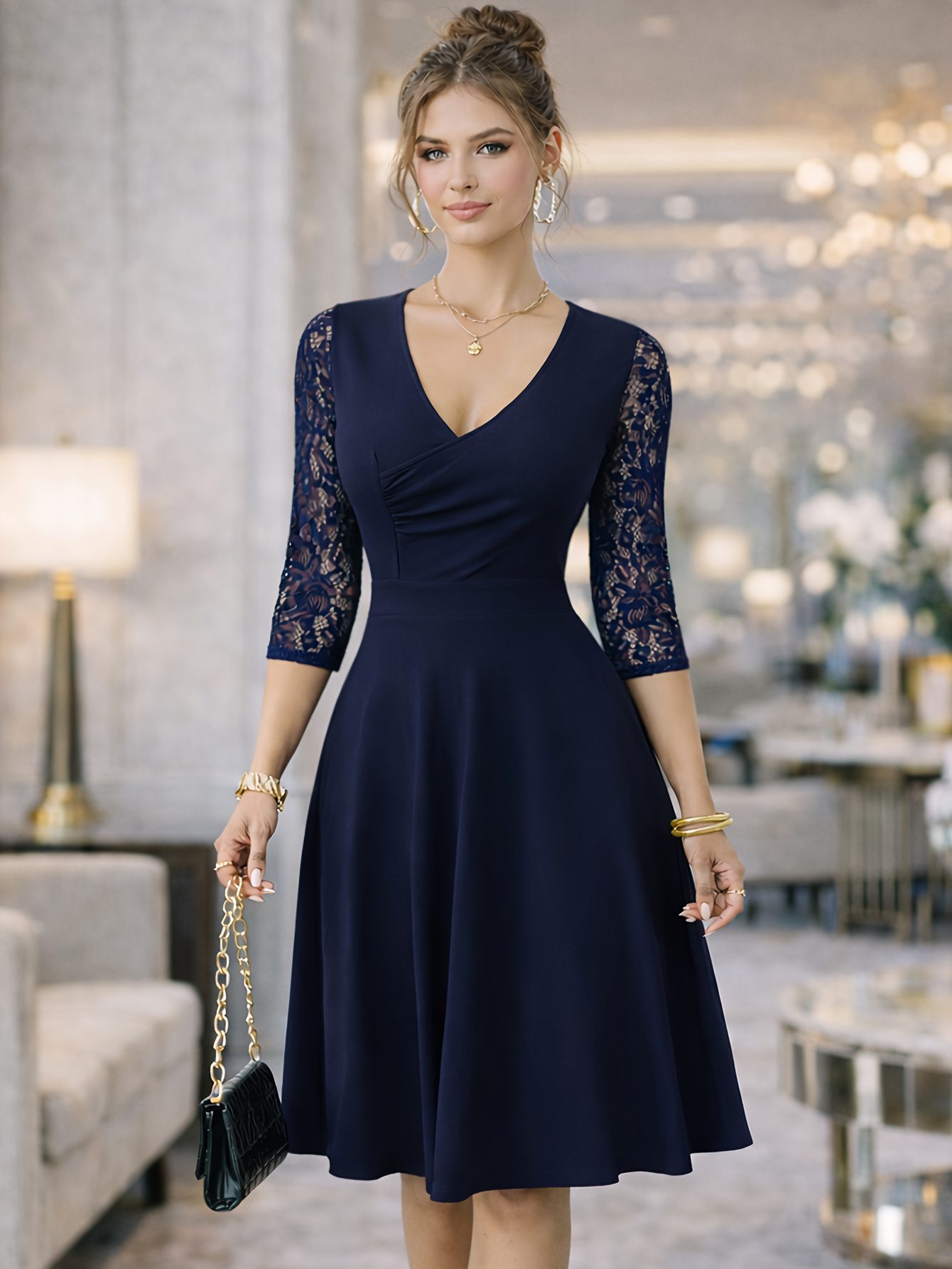 A-Line Dress with V Neck And Lace Sleeves for Women, Perfect for Weddings And Cocktail Parties - Image 2