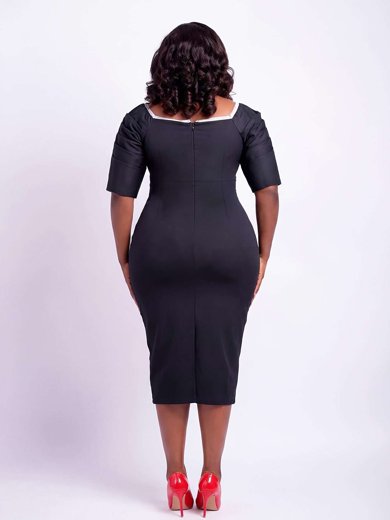 Women's Midi Dress with Cinched Waist & Ruffled Hem - Short Sleeve Square Neck Pencil Suitable for Work, Office, Commuting - Machine Washable Bodycon Dress with Color-Blocked Hemline (No Chest Padding) - Image 2