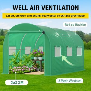 304.8X213.36X213.36cm Walk-In Greenhouse Tunnel - Large Pass-Through Garden Greenhouse | Green Cover Outdoor Heavy-Duty Greenhouse Frame | Roll-Up Zipper Door + Ventilation Windows Sloped Structure | Garden Plant Hothouse Commercial Greenhouse Outdoor Planting H
