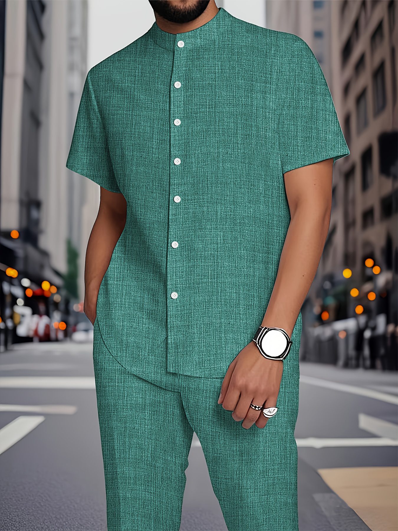 European and American new Men's fashionable and comfortable short-sleeved stand-up collar shirt set striped texture fabric stand-up collar short sleeve shirt and casual trouser set - Image 6