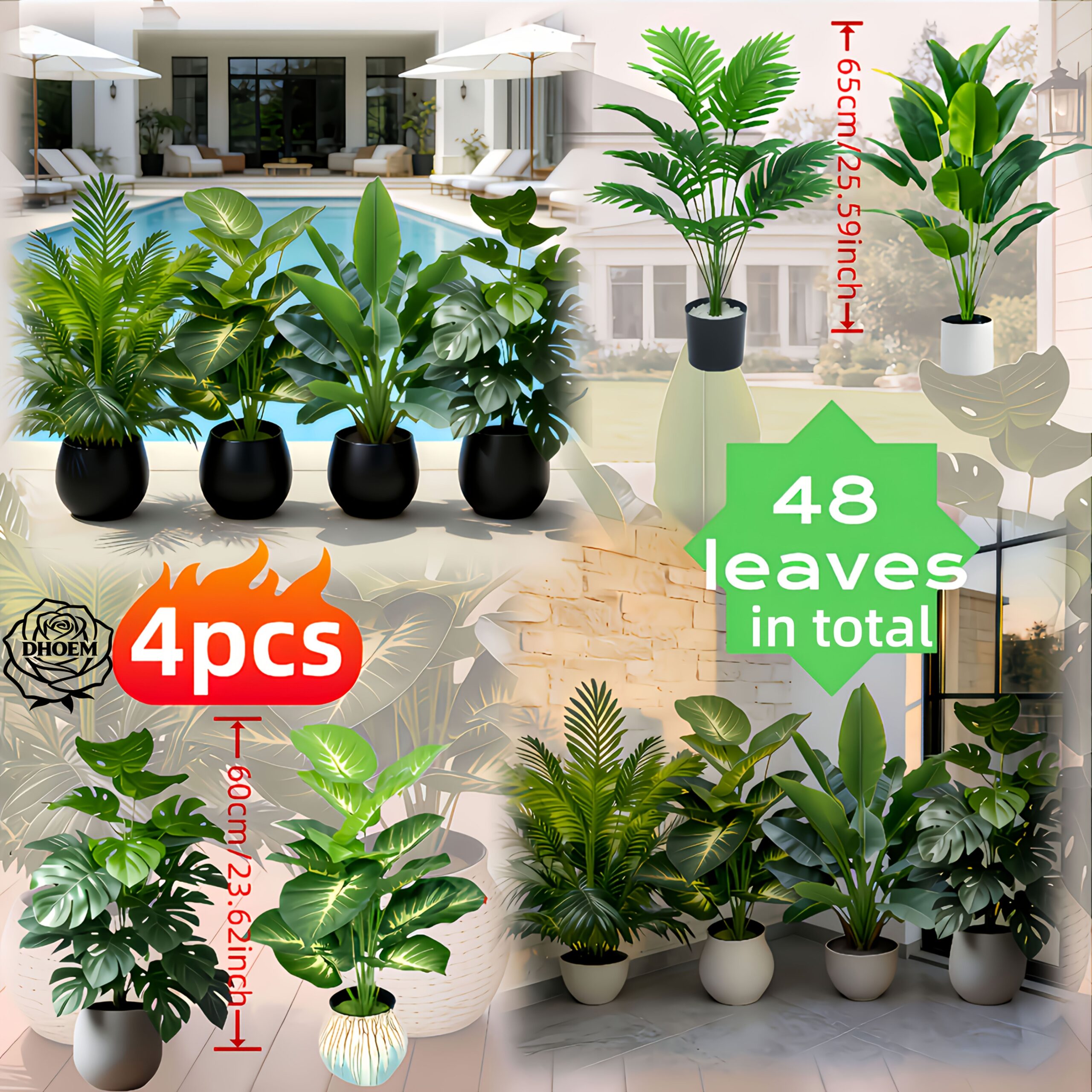 4pcs Set - Includes 48 Large Leaves of Large Outdoor Artificial Green Plant Loose Palm Tree Combo - DHOEM Wedding Garden Modern Decoration, Maintenance-Free Four-Season Evergreen Wealth Tree Artificial Plant | Pothos Evergreen Potted Plant, Nordic - Image 2