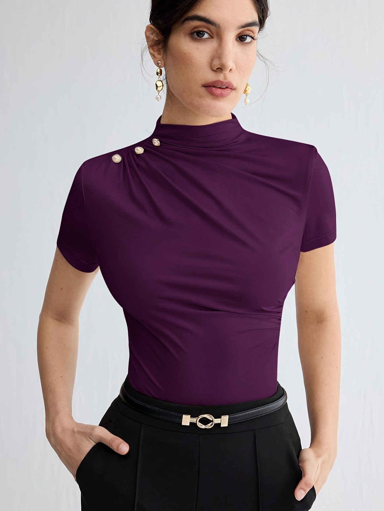 Summer New Arrival Design Sense Versatile Solid Color T-Shirt Short Sleeve Top with Shoulder Button Decor - Image 6
