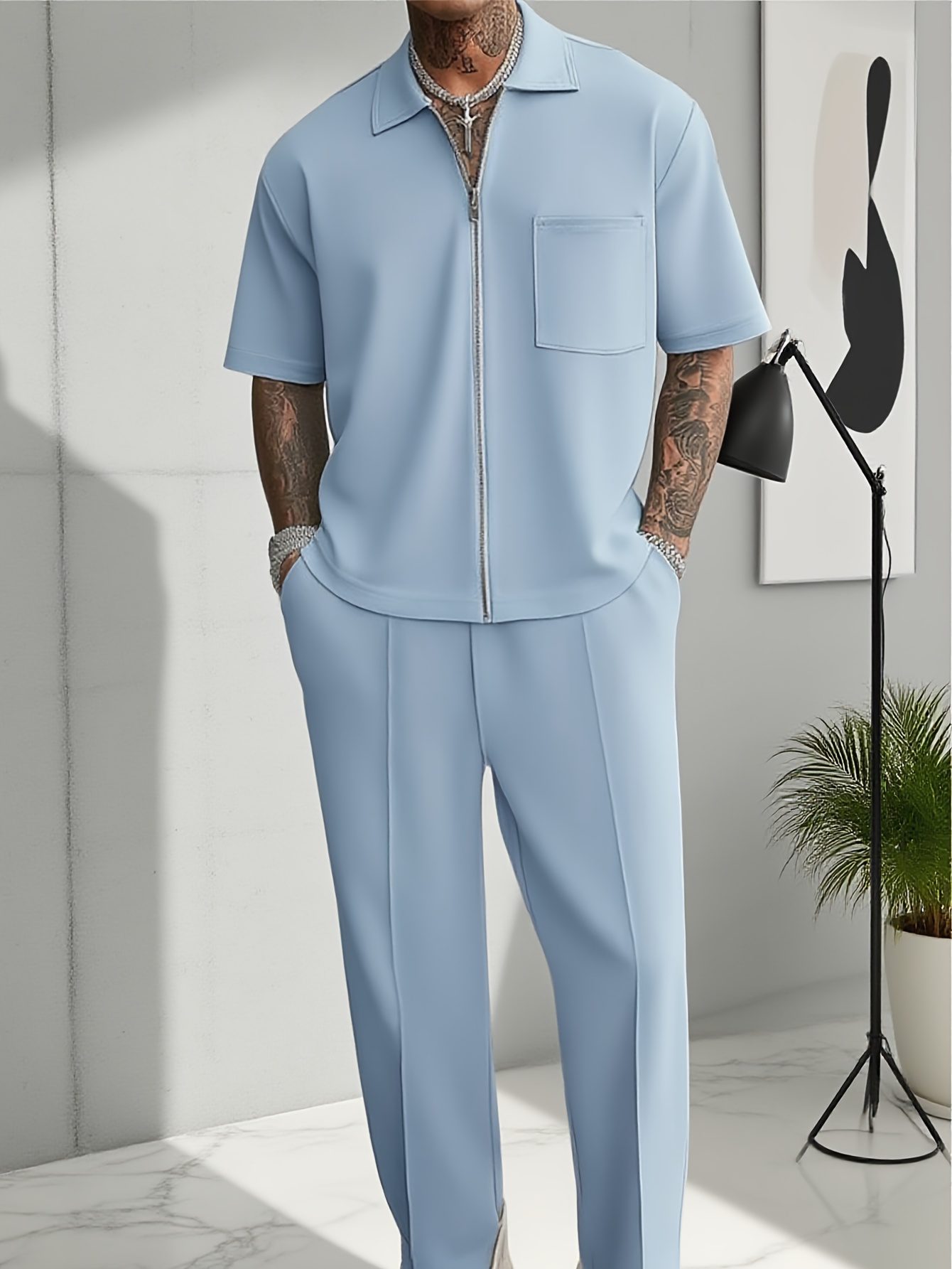 New Streetwear Trend Men's Set: Light Blue Loose Cardigan Short-Sleeve Zip-Up Top with Pockets, Casual Long Pants, Short-Sleeve and Long Pants Set - Image 10