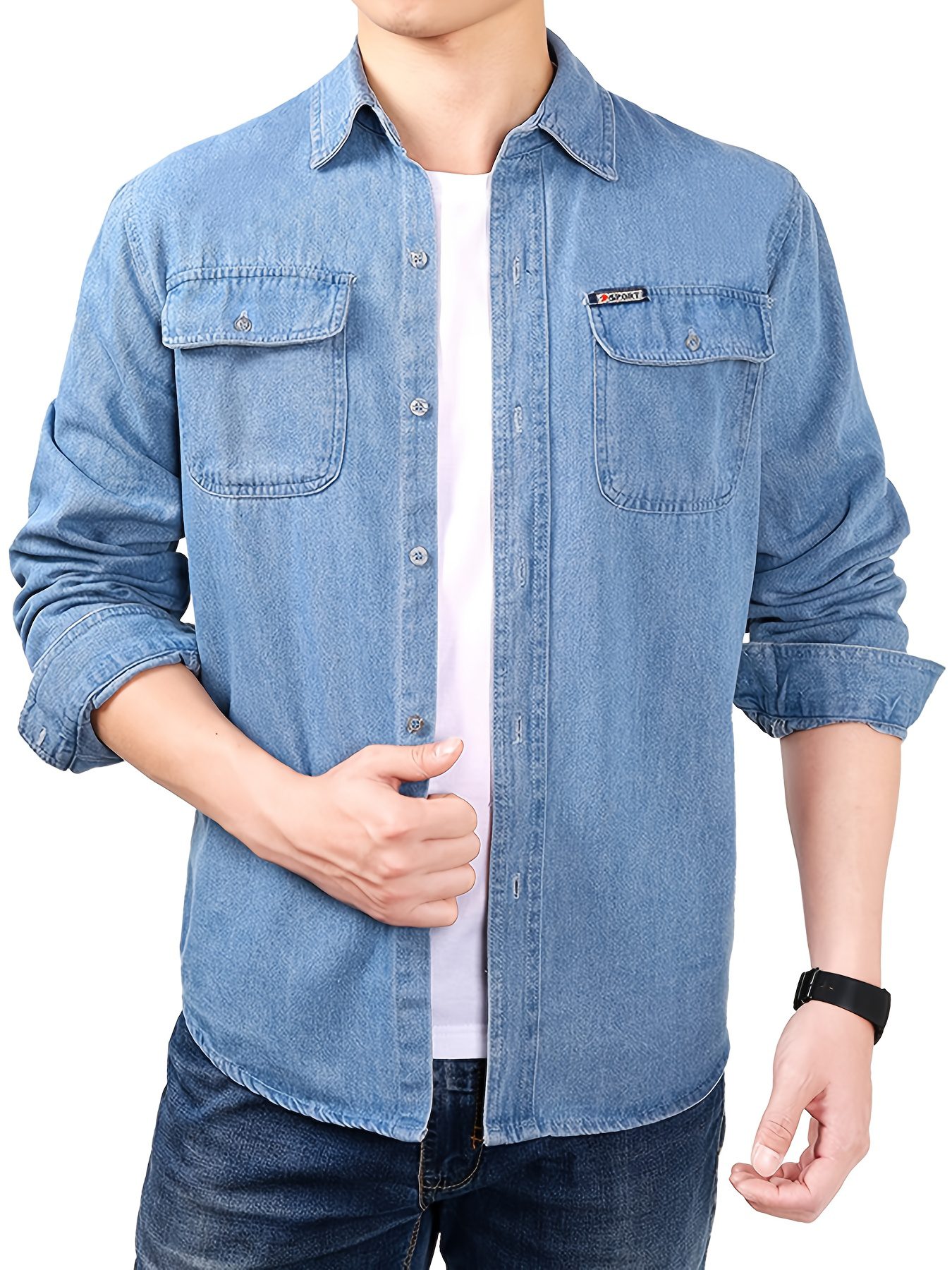 Men's Spring/Autumn Denim Shirt Long Sleeve Fashion Loose Casual Pure Summer Lightweight Workwear Labor Protection Jacket - Image 3