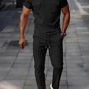 Men's Waffle Knit Casual Double-Pocket Short-Sleeve Shirt with Athletic Long Pants Set
