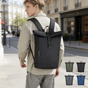 1 Large-Capacity Flip-Top Men's Backpack with Separate Laptop Compartment, Durable PU Material, Adjustable Shoulder Straps, Suitable for Commuting and Outings in Multiple Scenarios