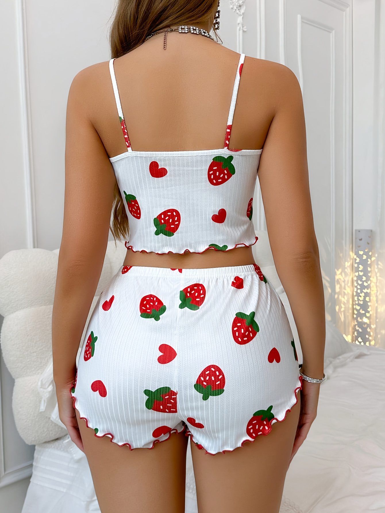 Women'S Strawberry Print Cami Top & Shorts Pajama Set - Cute Summer Sleepwear with Bow Detail, White with Red & Green Strawberries, Sleeveless Spaghetti Strap Design, Perfect for Casual Lounging, Lounging Outfit|Playful Print Top|Playful Print Bottom, Loungewear - Image 3