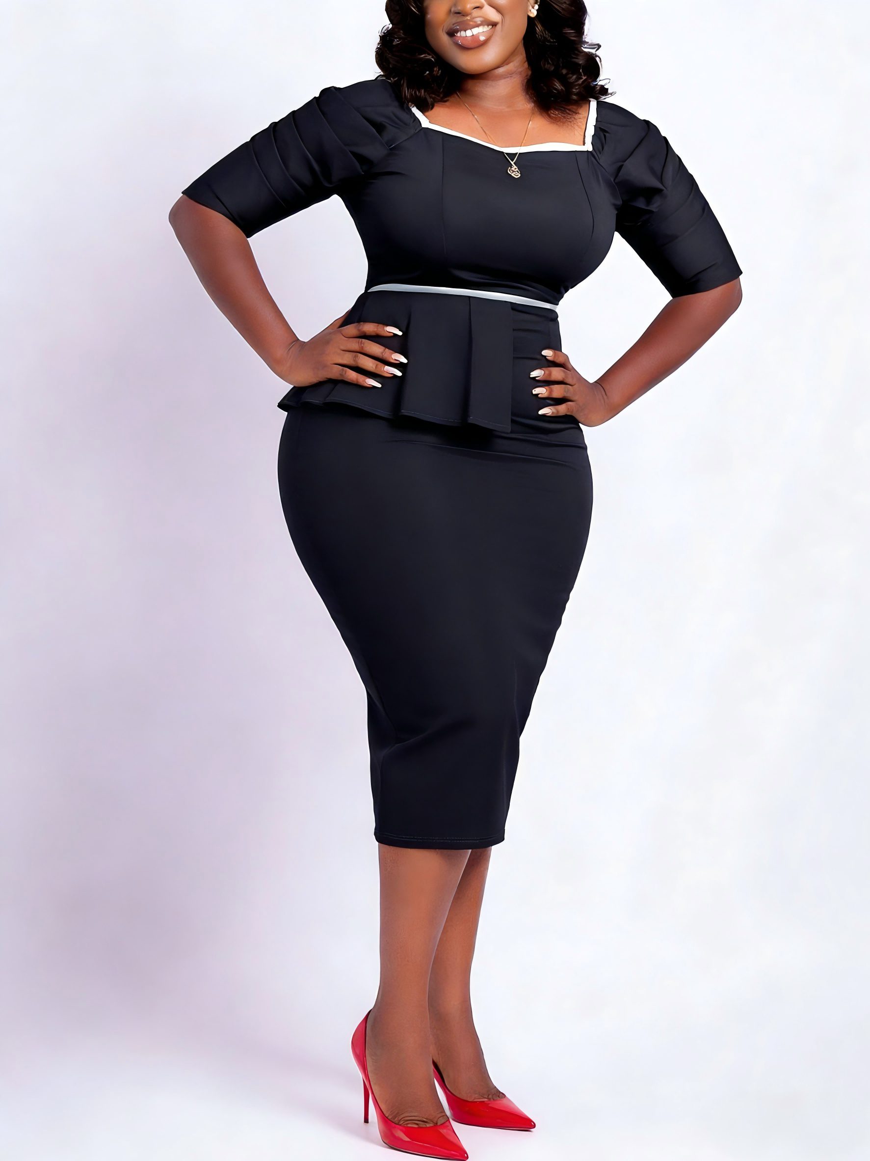 Women's Midi Dress with Cinched Waist & Ruffled Hem - Short Sleeve Square Neck Pencil Suitable for Work, Office, Commuting - Machine Washable Bodycon Dress with Color-Blocked Hemline (No Chest Padding) - Image 8