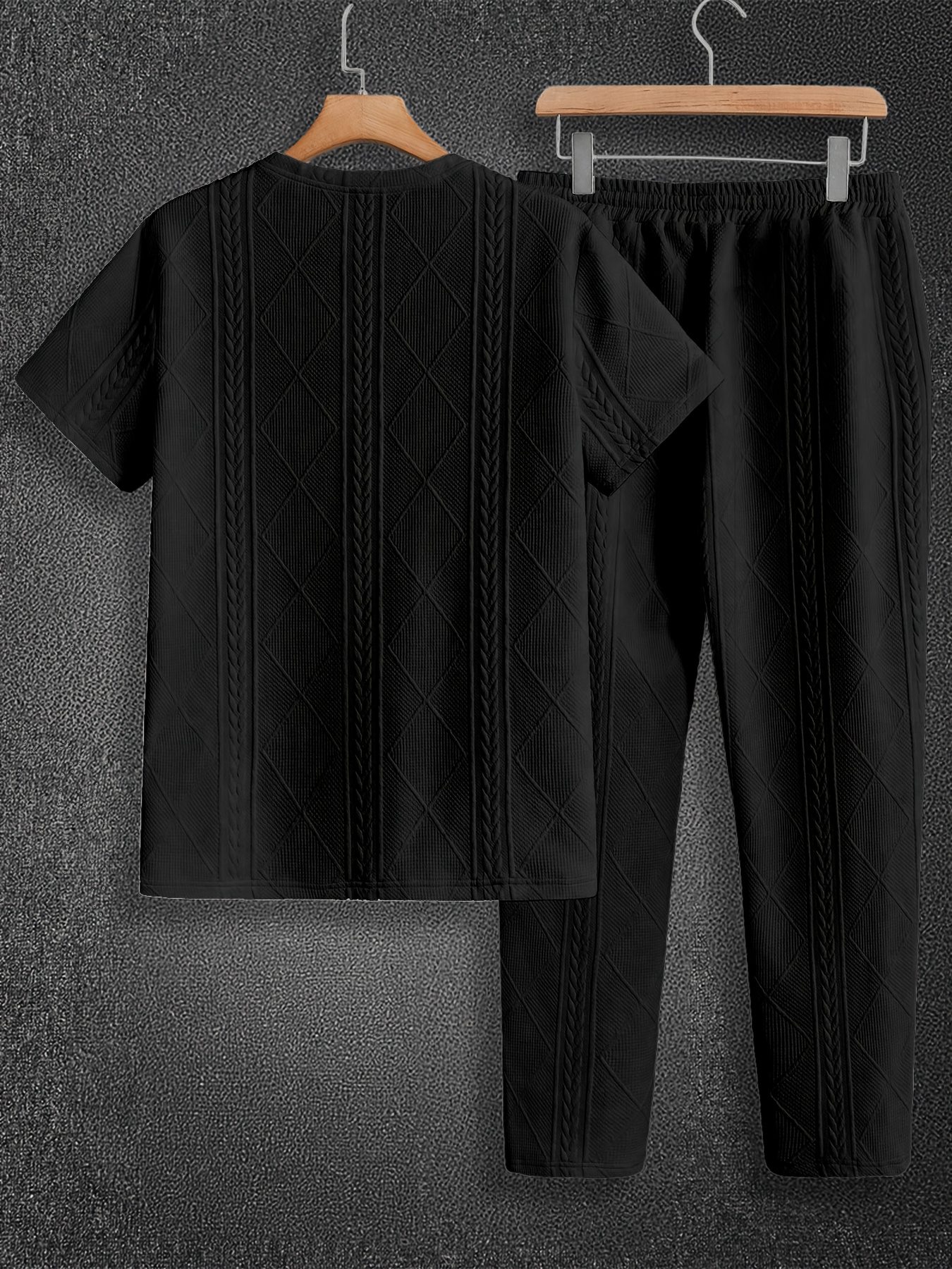 Men'S Suit Round Neck Car Knit Label Tassel Texture Short Sleeve Top Drawstring Slant Pocket Long Pants Casual Two-Piece Set - Image 6