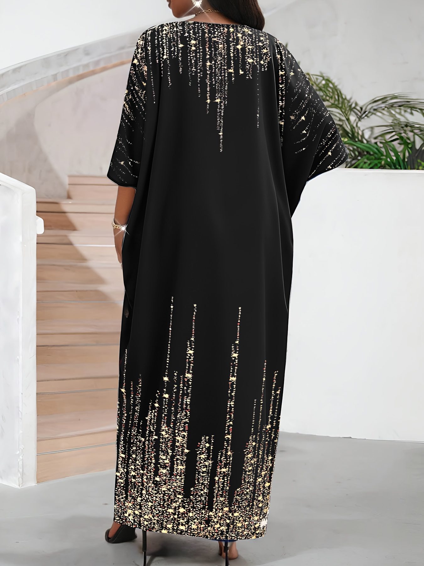 Floral Design Women'S V-Neck 3/4 Sleeve Floral Print Loose Casual Midi Dress Elegant Maxi Dress Non-Sequin Decoration - Image 2