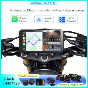 Gallop Sprite 6-inch Motorcycle Dash Cam, GPSD Navigator with Split-Screen Display, Upgraded Anti-Shake and Shockproof Handlebar Mount, Dual 1080P Front and Rear Cameras + 64GB Card, Loop Recording, Wireless Bluetooth CarPlay & Android Auto Screen