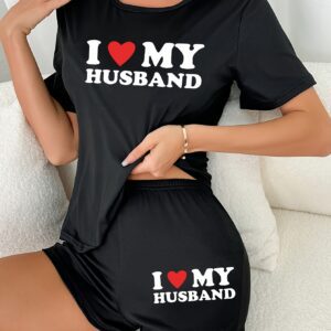Women'S "I Love My Husband" Printed Short Sleeve Pajama Set - Casual Crew Neck, Short Length, All-Season Comfort, Casual Attire, Casual Wear, Casual Style