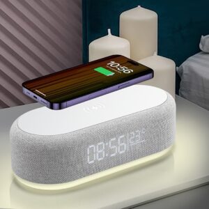 Wireless Charger, Adjustable Night Light, Time Temperature Display, Alarm Clock for Bedroom Desk, Charging Dock Station for Iphone 16 15 14 13 12 11 Pro Max/Mini/Plus/Xr/X/8 Airpods 2/ 3/ 4/ Pro/ Pro 2, for Samsung S25/S24/S23/S22/S21/S20/S10