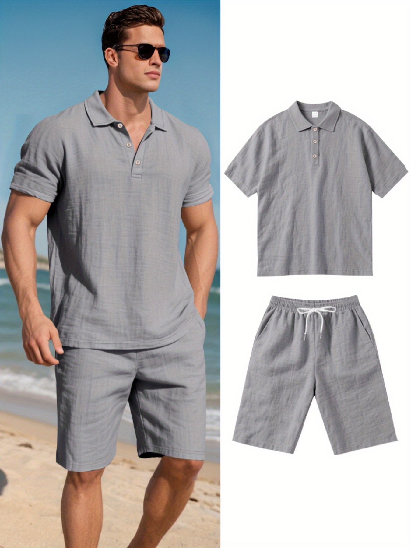 Men's Linen Short Sleeve Shorts Set, Summer Outdoor Sports Casual Breathable Short Sleeve Shirt with Shorts - Image 2