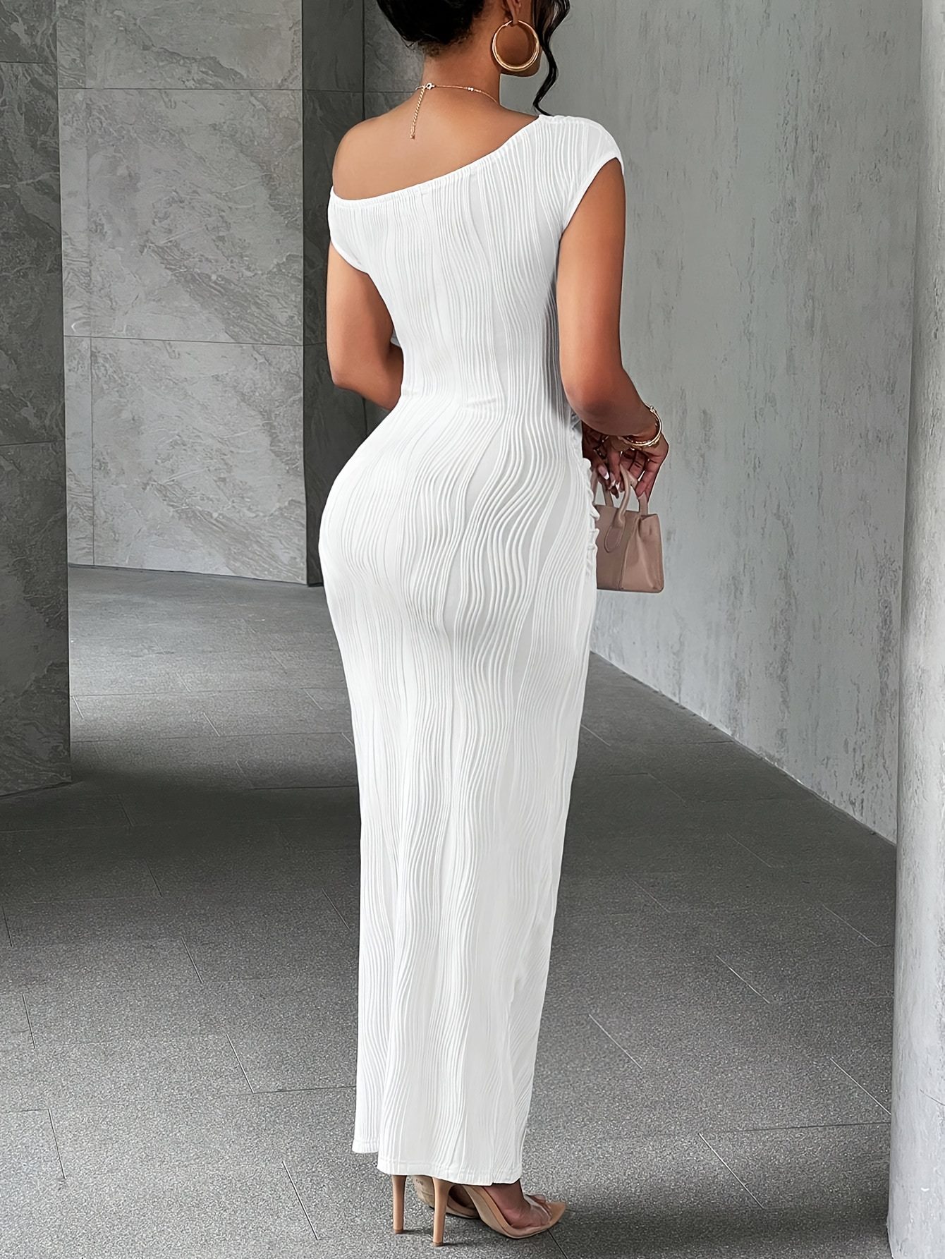 Elegant Off-Shoulder Ribbed Midi Dress for Women - Sexy Off-Shoulder, Solid Color, Short Sleeve with Straight Silhouette, No Chest Pad, for All Seasons - Image 4