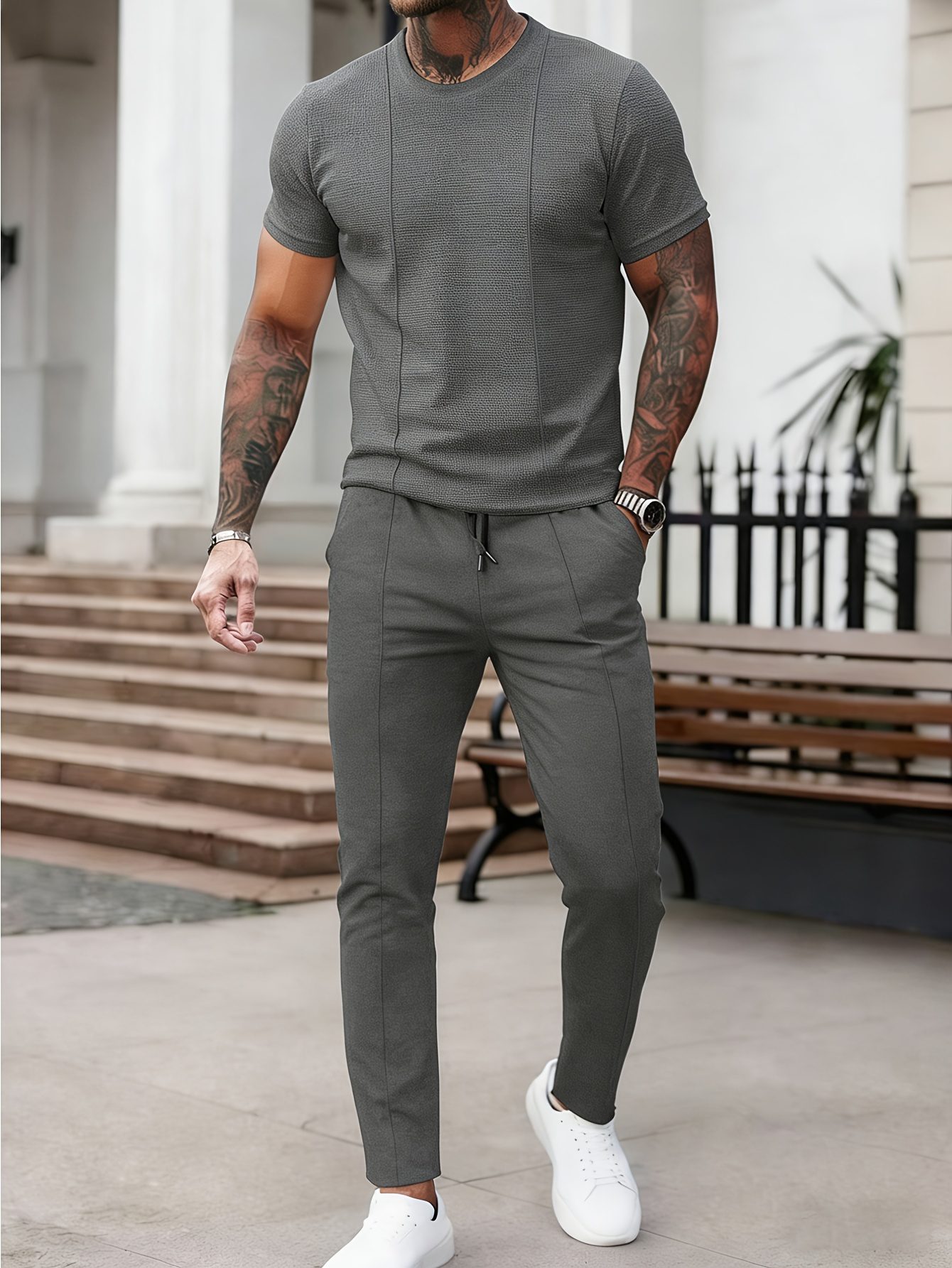 Spring and Summer Men's Waffle Texture Round Neck Short Sleeve Casual 2pcs Set. The Unique Waffle Weave Fabric Is Soft and Comfortable, with a Solid Color Design That's Versatile and Easy to Wear. Perfect for Daily Outings, Outdoor Activities - Image 3