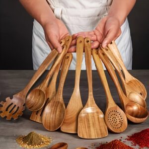 10pcs Wooden Kitchen Utensil Set, Natural Wooden Spoons – Premium Kitchen Tools, Suitable for Stirring, Mixing, and Serving – Durable, Ideal for Home Chefs, Great Gift Choice for Mother's Day, Father's Day, Christmas, and Other Holidays
