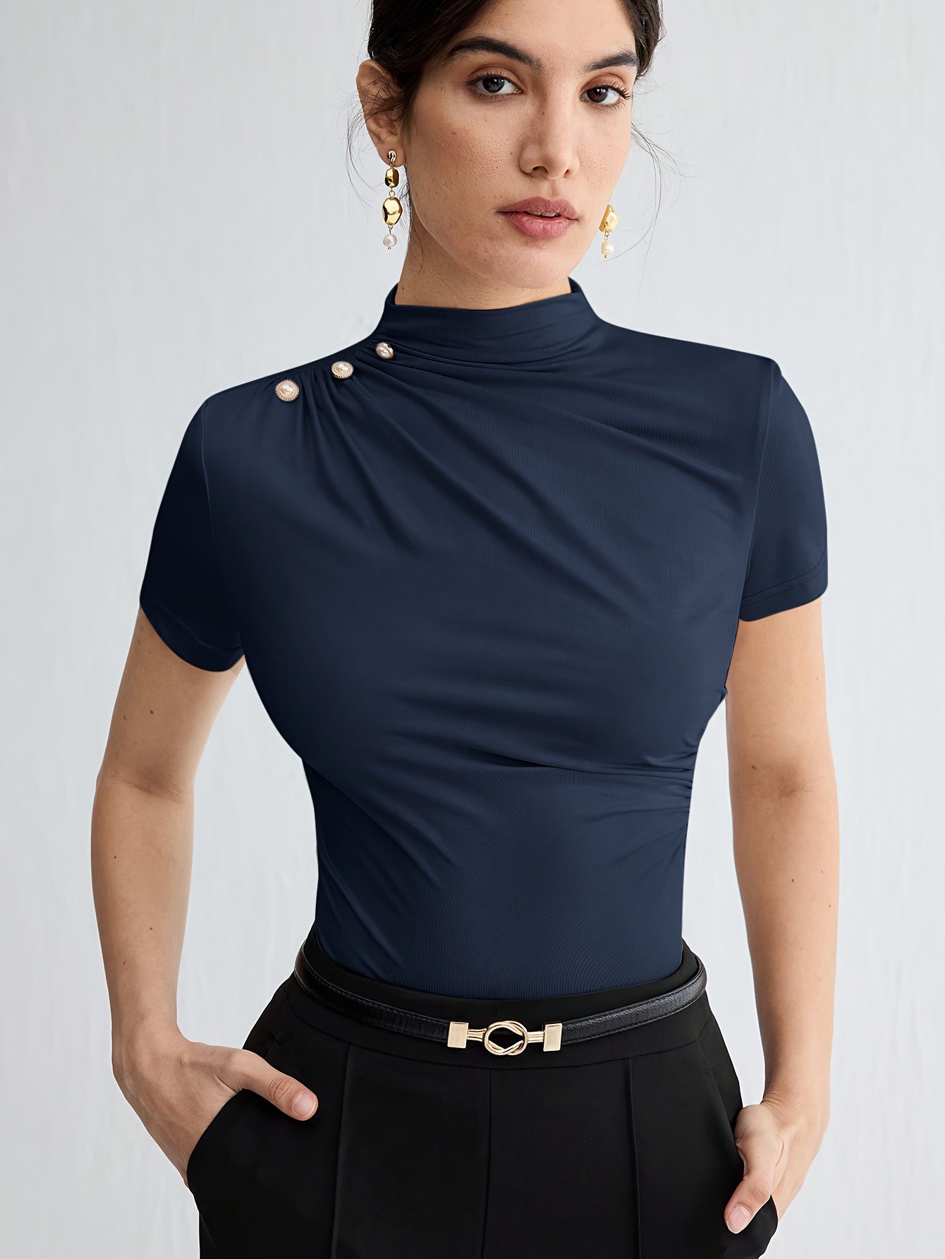 Summer New Arrival Design Sense Versatile Solid Color T-Shirt Short Sleeve Top with Shoulder Button Decor - Image 7