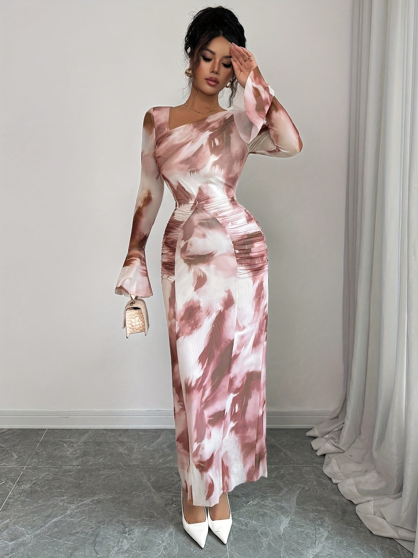 Elegant And Fashionable New Adult Women'S Autumn And Winter Floral Tie-Dye Print Notched Collar Long-Sleeved Flared Sleeve Slim Fit Waist Pleated Hip-Hugging Sexy Dating Commuting Vacation Dating Valentine'S Day Long Dress - Image 8