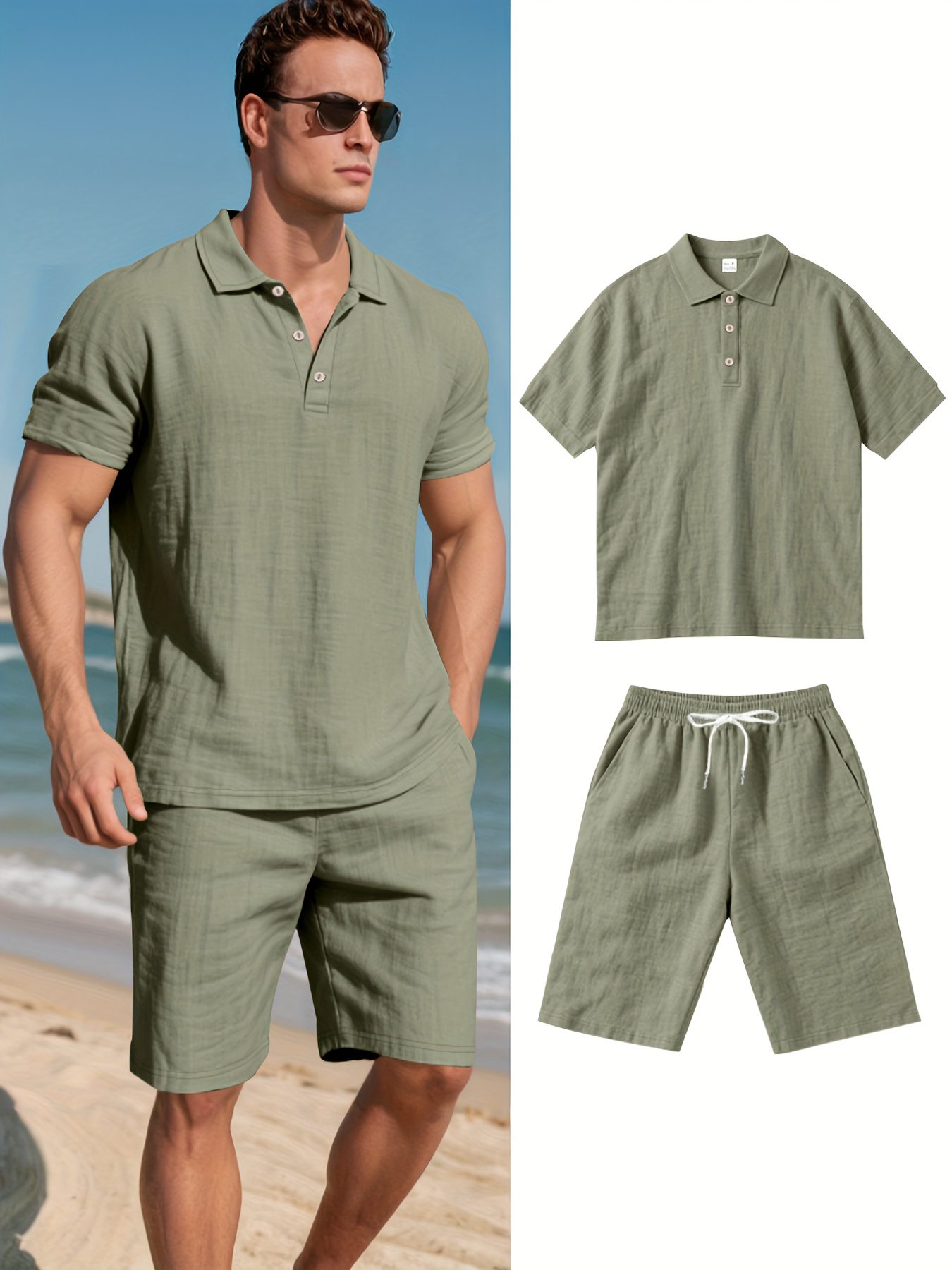 Men's Linen Short Sleeve Shorts Set, Summer Outdoor Sports Casual Breathable Short Sleeve Shirt with Shorts - Image 4