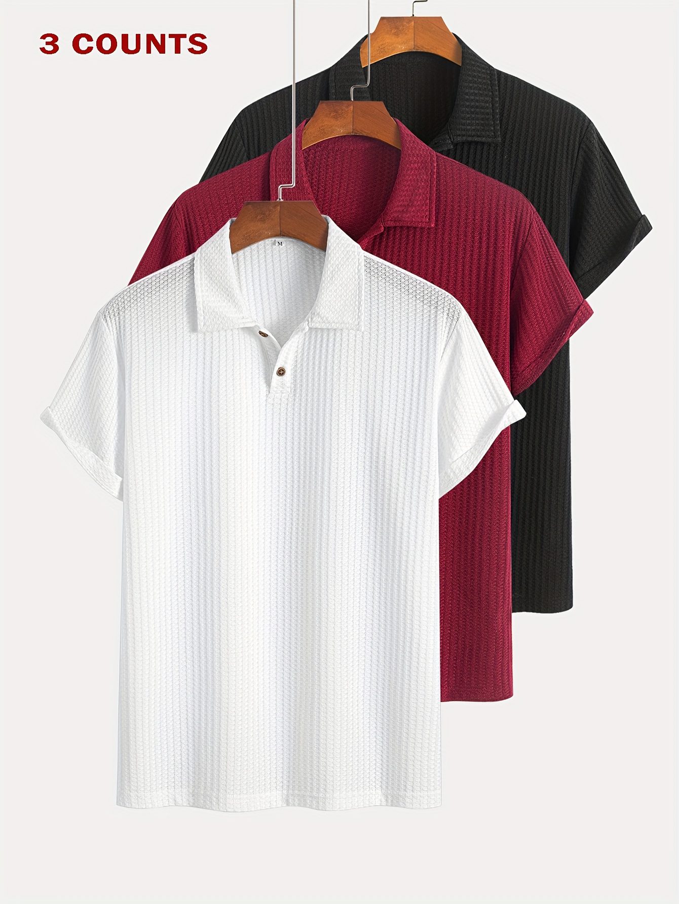 3pcs Set of Summer Casual Sporty Jacquard Knit Short-Sleeve Shirts, 3pcs Jacquard Texture Short-Sleeve Tops - Image 4