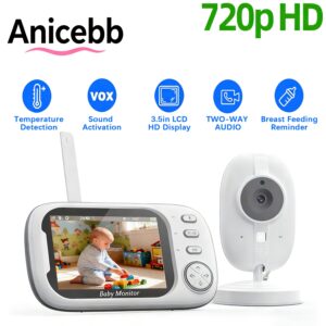 720HD Wireless Monitor with 8.89cm LCD Screen HD Monitor with 2 Way Audio, 8 Lullabies, Feeding Reminder, VOX Cry Detection, Temperature Alert, Night Vision, 2.4G Wireless, Manual Rotation & Loop Recording, No WiFi/APP Needed for Modern Parenting