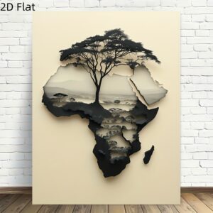 2D Flat, 2D Flat, 2D Flat A Modern Vintage Design Featuring a Black And White Map of Africa with a Tree, Printed on a Frameless Canvas. This High-Quality Poster Is Perfect for Elegant Home Office Decor And Is Currently on