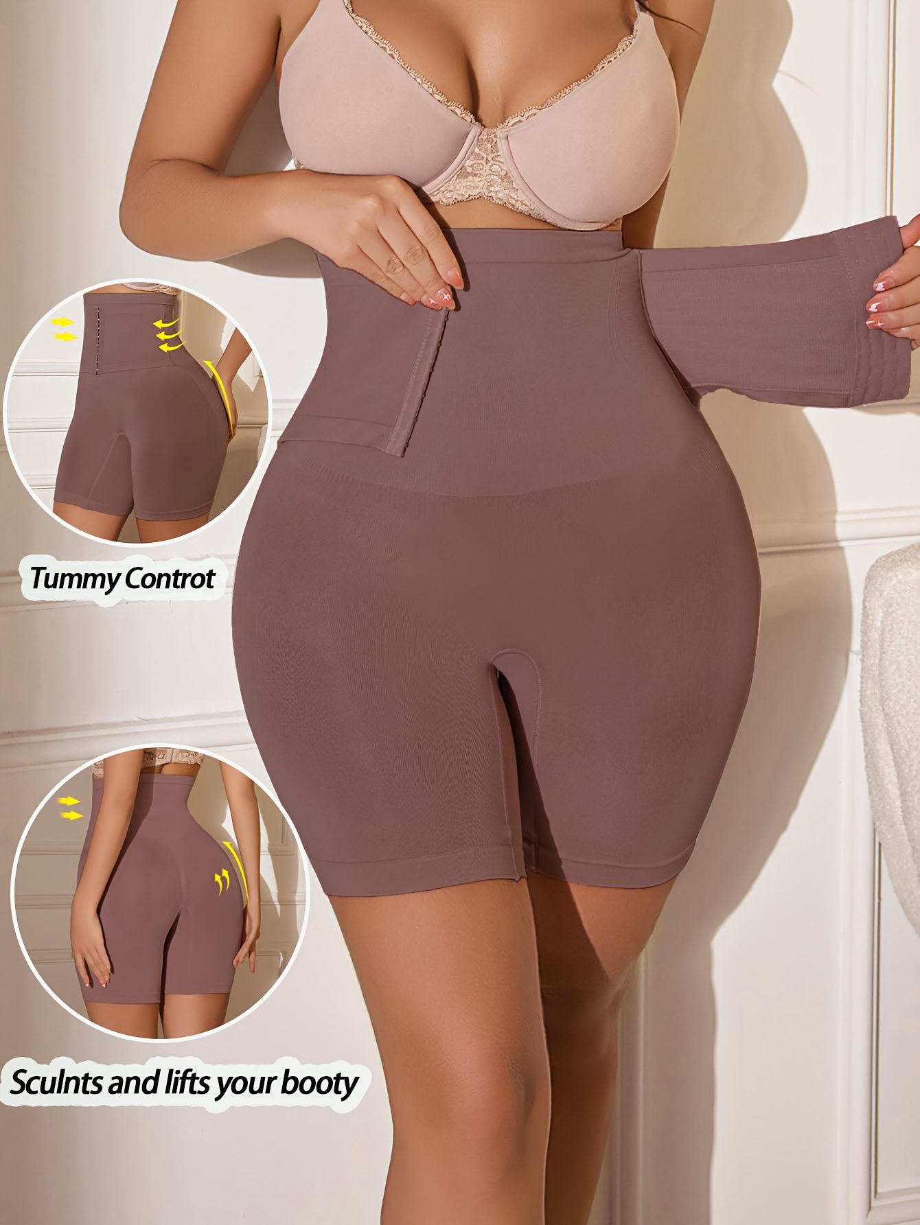 1pc of High-Waisted Seamless Shorts with a Front Hook Fastening for Abdomen Control - Image 3
