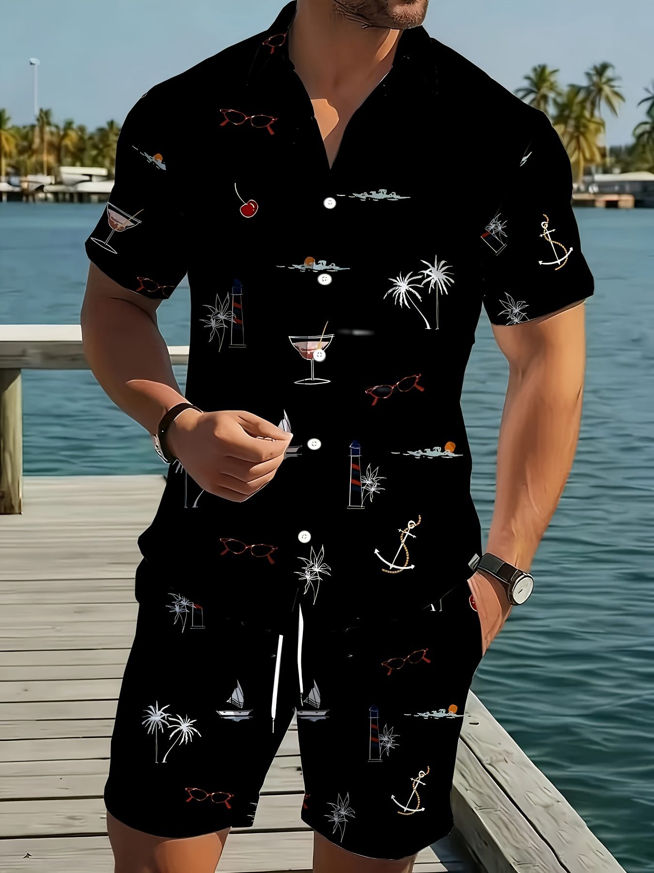 Men's Fashion Summer Printed Collar Shirt Set - Comfortable Short Sleeve Shirt with Pocket Drawstring Shorts, New Summer Casual Loose Fit Round Neck T-Shirt, Suitable for Spring and Summer Wear, Comfortable for Daily Use - Image 3