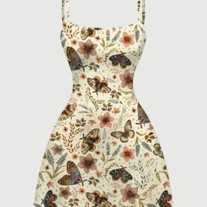 Cute Moth Butterfly Floral Plant Autumn Maple Leaf Moon Star Full-Print Camisole Dress