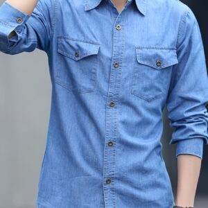 Korean Style Men's Long Sleeve Thin Fit Casual Denim Shirt for Spring and Autumn, Workwear Jacket