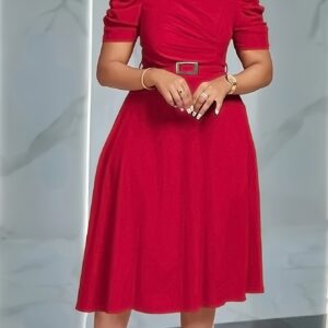 Elegant V-Neck Midi Dress with Ruffle Details | Solid Color Short Sleeve, Waist Belt, Flowing Skirt for Spring/Summer, Comfortable And Stylish Fit And Flare Silhouette