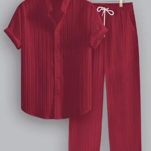 2pcs Men's Summer Striped Polyester Set, Short-Sleeve Stand Collar Shirt and Drawstring Pants, Non-Stretch Fabric, Suitable for Casual Wear and Beach Vacations, Solid Color